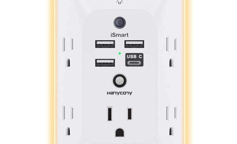 Create a 10-word scroll-stopping headline for: Outlet Extender with Night Light, HANYCONY Multi Plug Outlet, USB Wall Charger Surge Protector 4 USB Ports(1 USB C), Power Strip Electrical Outlet Splitter Expander for Home Office Dorm Room, ETL | Vibe NC