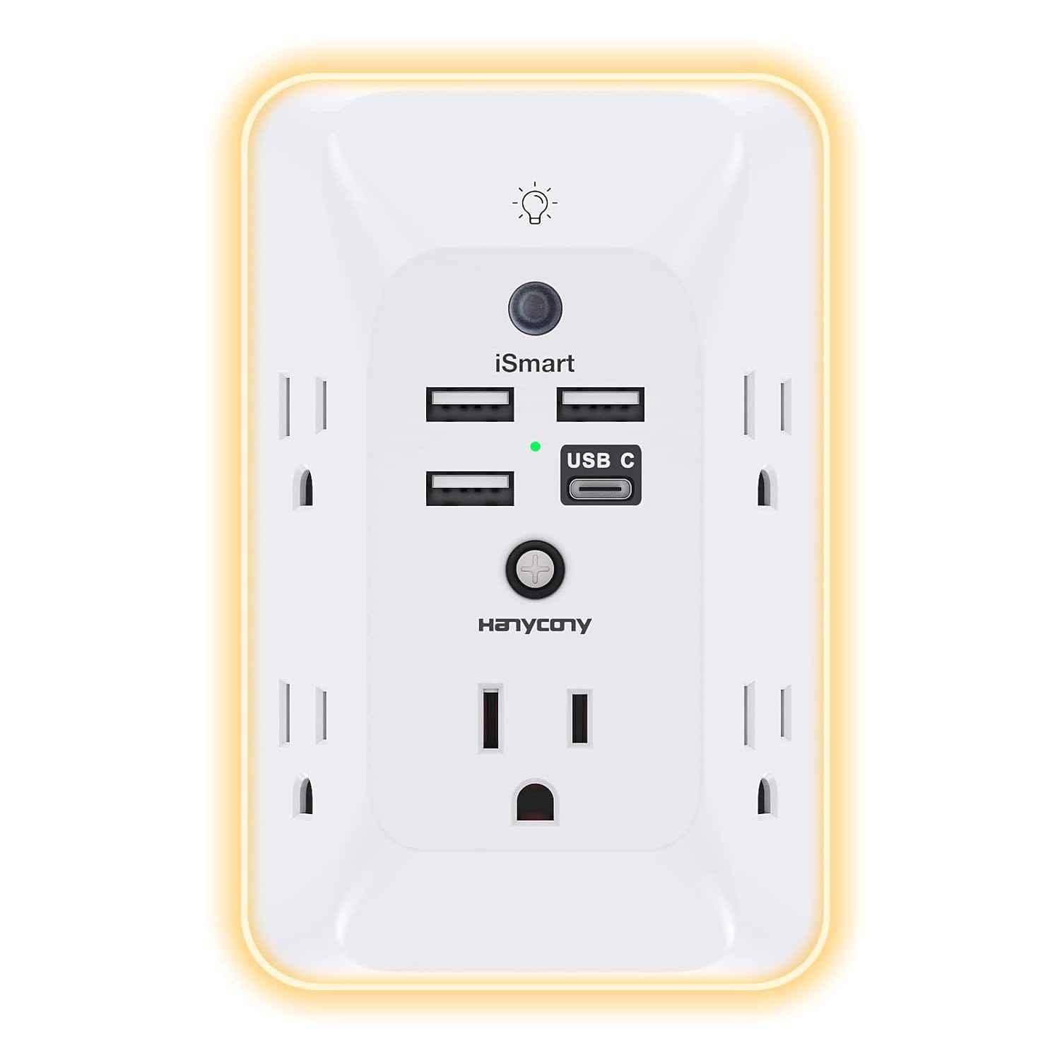 Create a 10-word scroll-stopping headline for: Outlet Extender with Night Light, HANYCONY Multi Plug Outlet, USB Wall Charger Surge Protector 4 USB Ports(1 USB C), Power Strip Electrical Outlet Splitter Expander for Home Office Dorm Room, ETL | Vibe NC