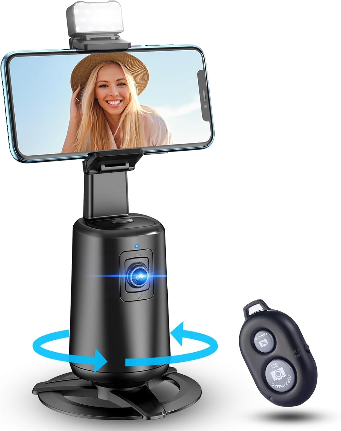 Create a 10-word scroll-stopping headline for: Auto Face Tracking Tripod 360° Rotating Cell Phone Photo and Video Kits Stand, No App, Camera Stand with Remote and Gesture Control, Rechargeable Smart Shooting Stand for Live Recording Tiktok（Black） | Vibe NC