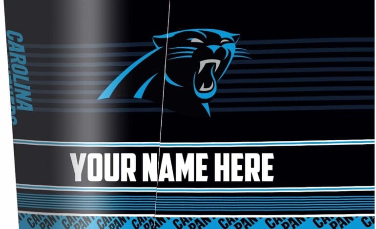 Rico Industries NFL Football Carolina Panthers 24oz Personalized Tumbler W/Hinged Lid – Team Colored Travel Tumbler – Keeps Drinks Cold or Hot