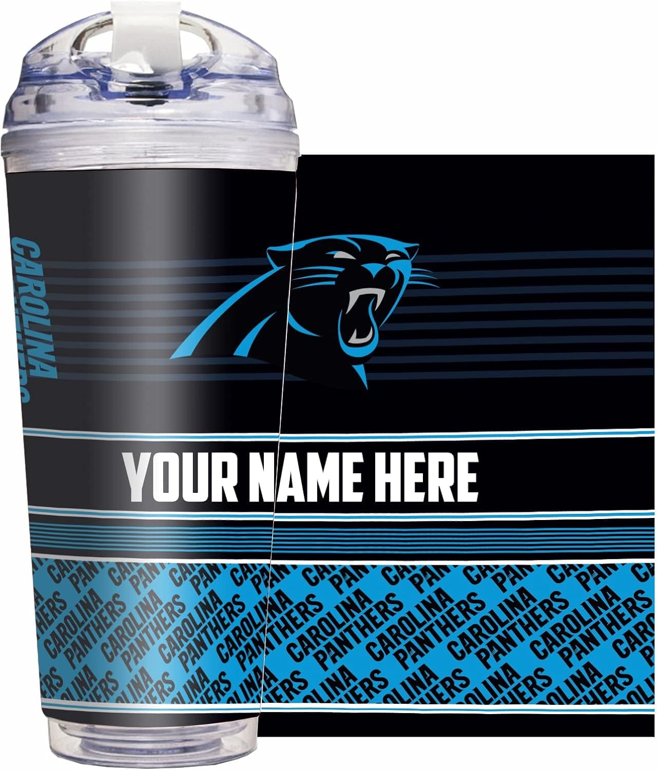 Rico Industries NFL Football Carolina Panthers 24oz Personalized Tumbler W/Hinged Lid – Team Colored Travel Tumbler – Keeps Drinks Cold or Hot