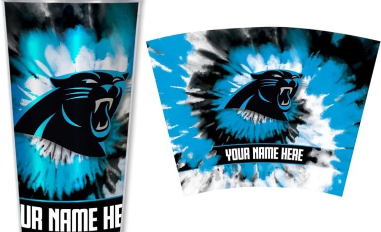 Rico Industries NFL Football Carolina Panthers Metallic Tie Dye Personalized 24oz Acrylic Tumbler W/Hinged Lid – Team Colored Metallic Art Plastic Travel Tumbler – Keeps Drinks Cold or Hot