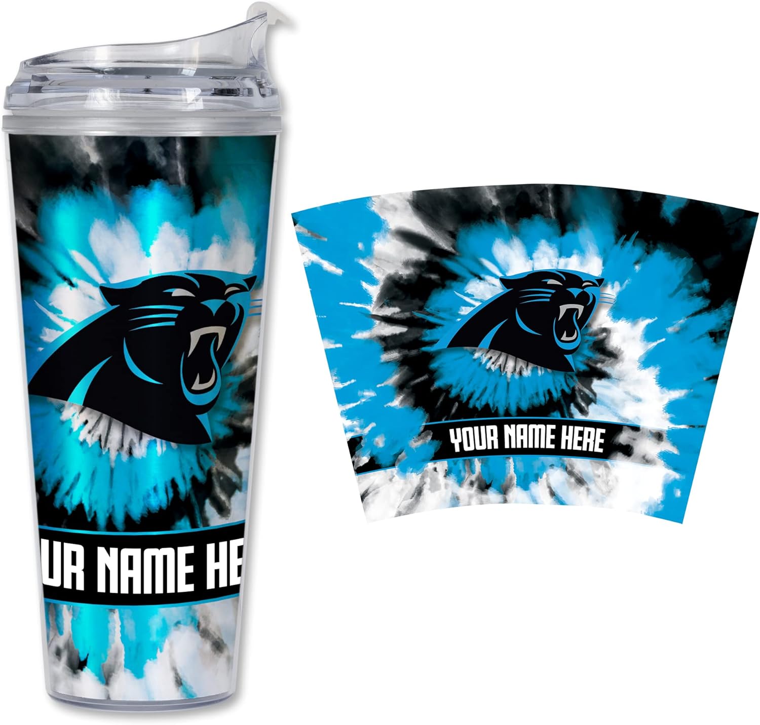 Rico Industries NFL Football Carolina Panthers Metallic Tie Dye Personalized 24oz Acrylic Tumbler W/Hinged Lid – Team Colored Metallic Art Plastic Travel Tumbler – Keeps Drinks Cold or Hot