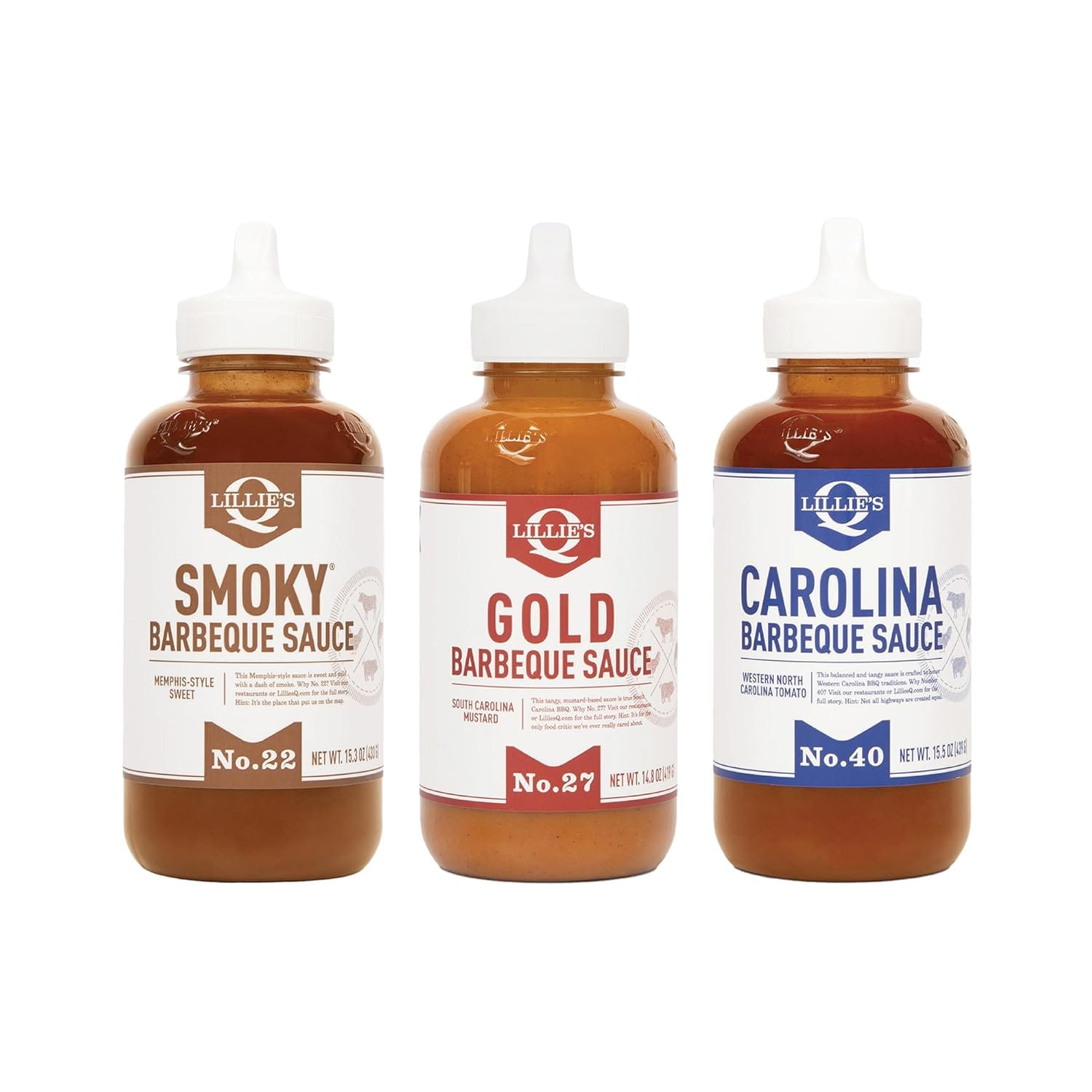 Lillie’s Q – Smoky (15.3oz), Gold (14.8oz) & Carolina BBQ (15.5oz) Sauce Combo, Gluten-Free, Non-GMO, No Preservatives, Gourmet Mustard, Sweet & Vinegar Based BBQ (3-pack)
