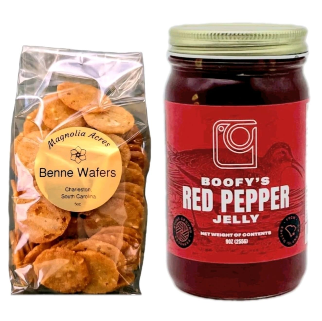 Southern Gourmet Snack Duo – Magnolia Acres Benne Wafers & Boofy’s Red Pepper Jelly – Charleston-Style Gift Set – Sweet & Spicy Lowcountry Favorite – Made in South Carolina
