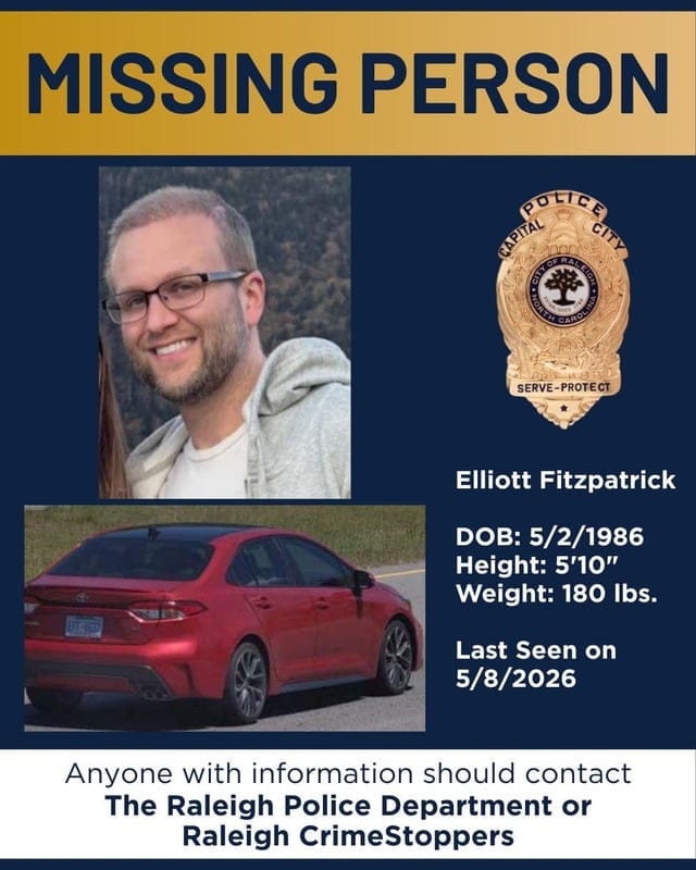 Create a 10-word scroll-stopping headline for: Missing Person — Elliott Fitzpatrick of Raleigh, NC | Vibe NC