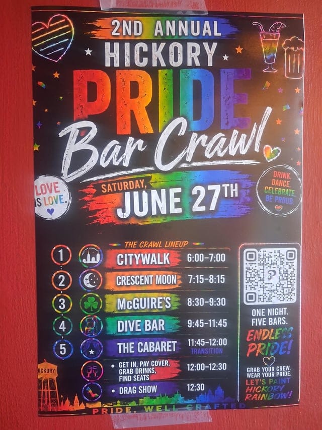 Create a 10-word scroll-stopping headline for: 2nd Annual Hickory Pride Bar Crawl! 🏳️‍🌈🏳️‍⚧️💖 | Vibe NC