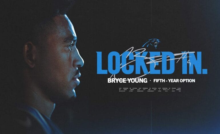 Create a 10-word scroll-stopping headline for: Panthers pick up the fifth-year option on quarterback Bryce Young’s contract | Vibe NC