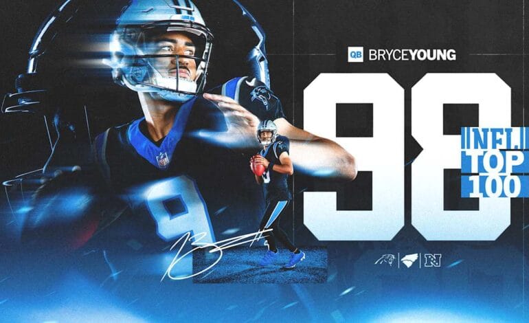 Create a 10-word scroll-stopping headline for: Bryce Young comes in at No. 98 on the NFL Top 100 list | Vibe NC