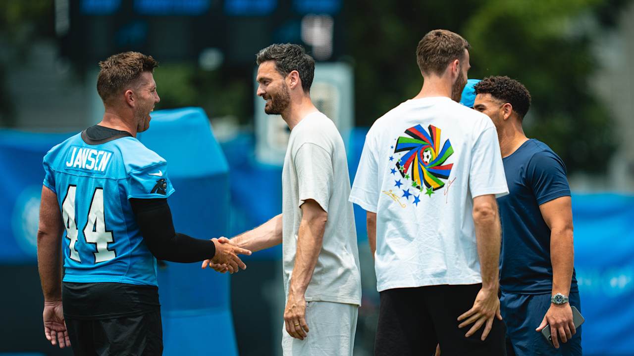 Create a 10-word scroll-stopping headline for: Scottish national team experiences American football with the Panthers | Vibe NC