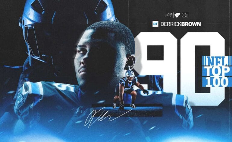 Create a 10-word scroll-stopping headline for: Derrick Brown clocks in at No. 90 overall on top 100 list after transforming Panthers’ defense  | Vibe NC
