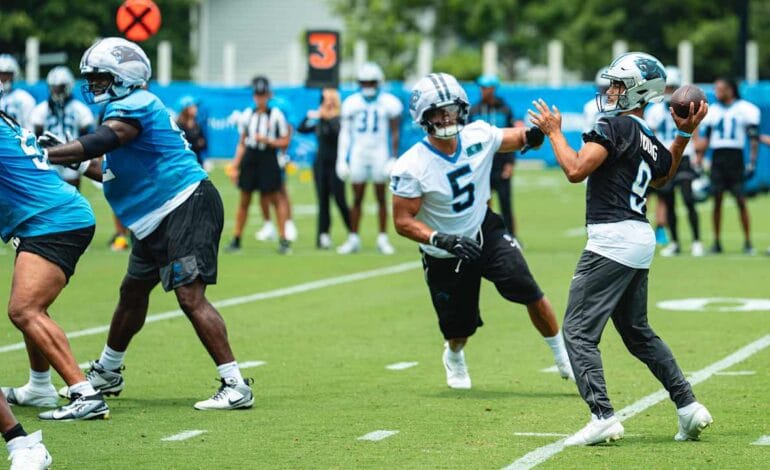 Create a 10-word scroll-stopping headline for: Jaelan Phillips and OLB group bringing juice at Panthers minicamp | Vibe NC
