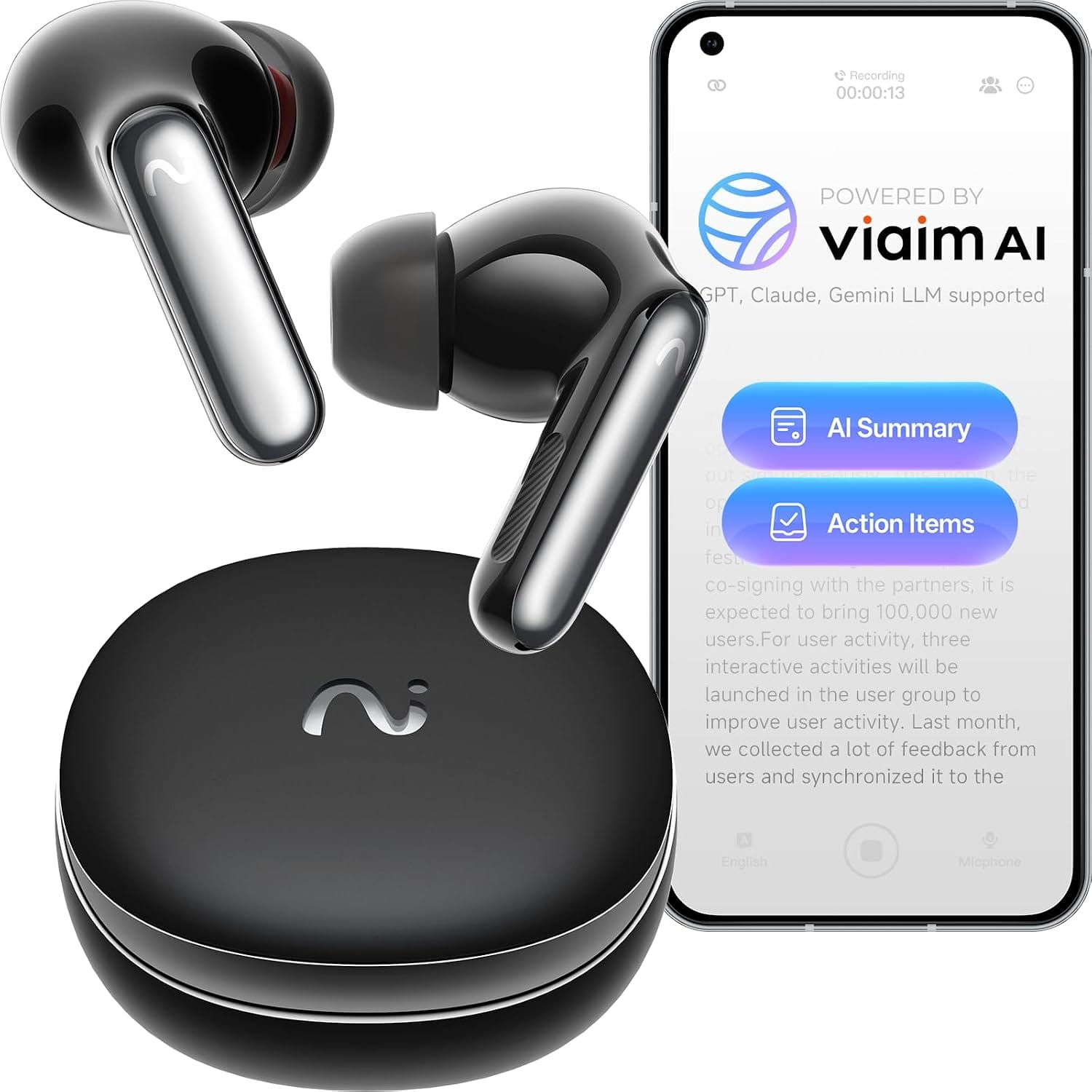 Here are a few 10-word scroll-stopping headlines:

Never miss a word. AI earbuds transcribe, translate, summarize meetings.
Transform meetings: AI earbuds transcribe, translate 78 languages, summarize.
Global AI Earbuds: Transcribe, translate, summarize, silence noise. Instantly!
Your smartest earbuds: AI notes, 78 languages, crystal-clear focus.
 | Vibe NC