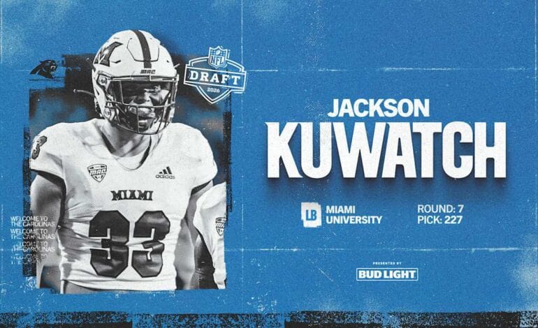 Create a 10-word scroll-stopping headline for: With the 227th overall pick, the Panthers take linebacker Jackson Kuwatch | Vibe NC