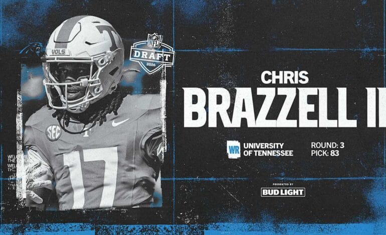Create a 10-word scroll-stopping headline for: With the No. 83 overall pick, the Panthers take Tennessee receiver Chris Brazzell II  | Vibe NC