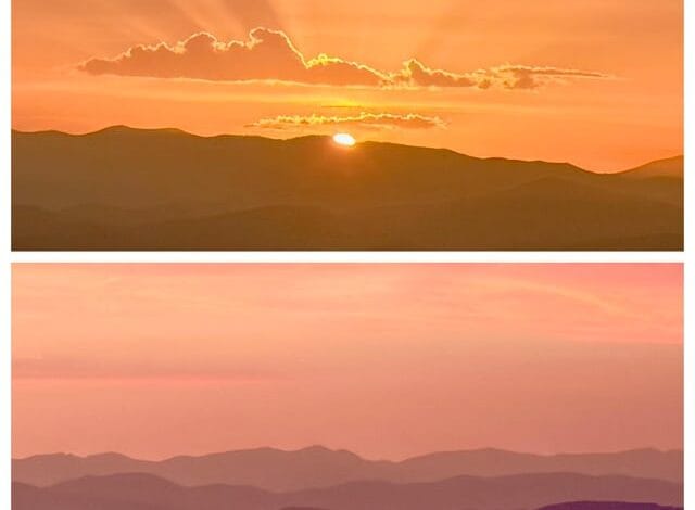 Create a 10-word scroll-stopping headline for: Last night’s sunset showing a couple different views of the Blue Ridge Mountains. Seems like they fit today. Happy 4th of July Y’all! | Vibe NC