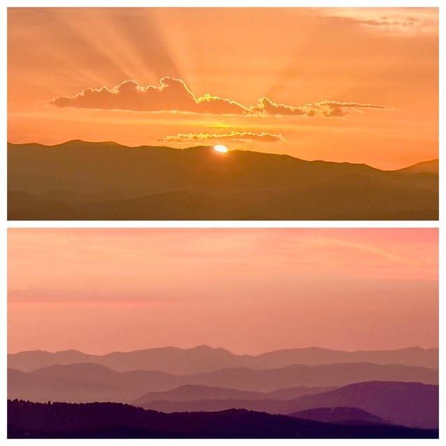 Create a 10-word scroll-stopping headline for: Last night’s sunset showing a couple different views of the Blue Ridge Mountains. Seems like they fit today. Happy 4th of July Y’all! | Vibe NC