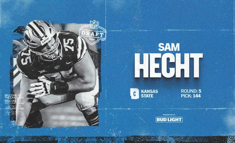 Create a 10-word scroll-stopping headline for: With the 144th overall pick, the Panthers select center Sam Hecht | Vibe NC