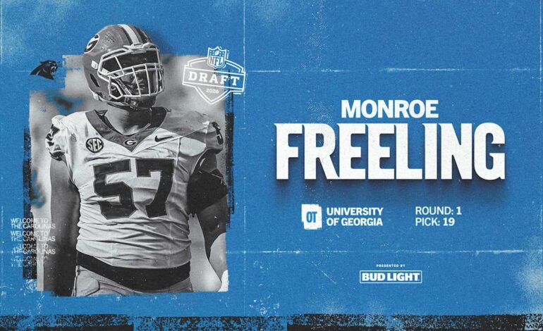 Here are a few 10-word options:

Panthers Secure Future: Tackle Monroe Freeling Joins at Pick 19!
Game Changer! Panthers Draft Tackle Monroe Freeling 19th Overall Pick.
Panthers Get Their Man: Freeling Arrives to Protect the Franchise!
No. 19 Pick: Panthers Bolster O-Line with Monroe Freeling!
Blueprint Secured! Panthers Draft Foundational Tackle Monroe Freeling at 19.
 | Vibe NC